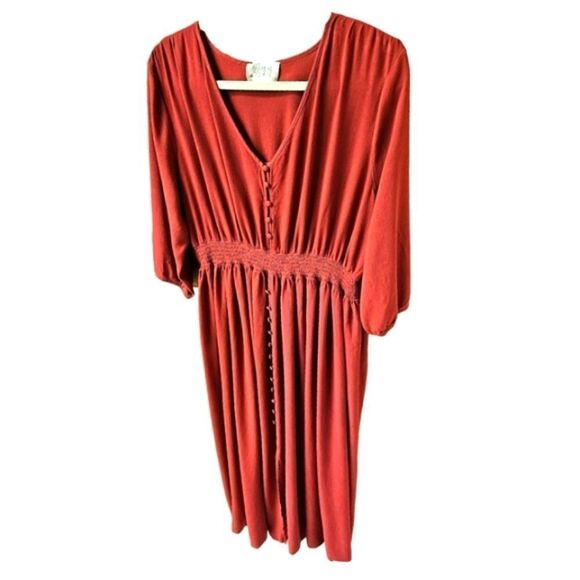 "JUST FOUND" Plus Size Long Pleated Rustic Red Maxi Dress - Picture 5 of 14